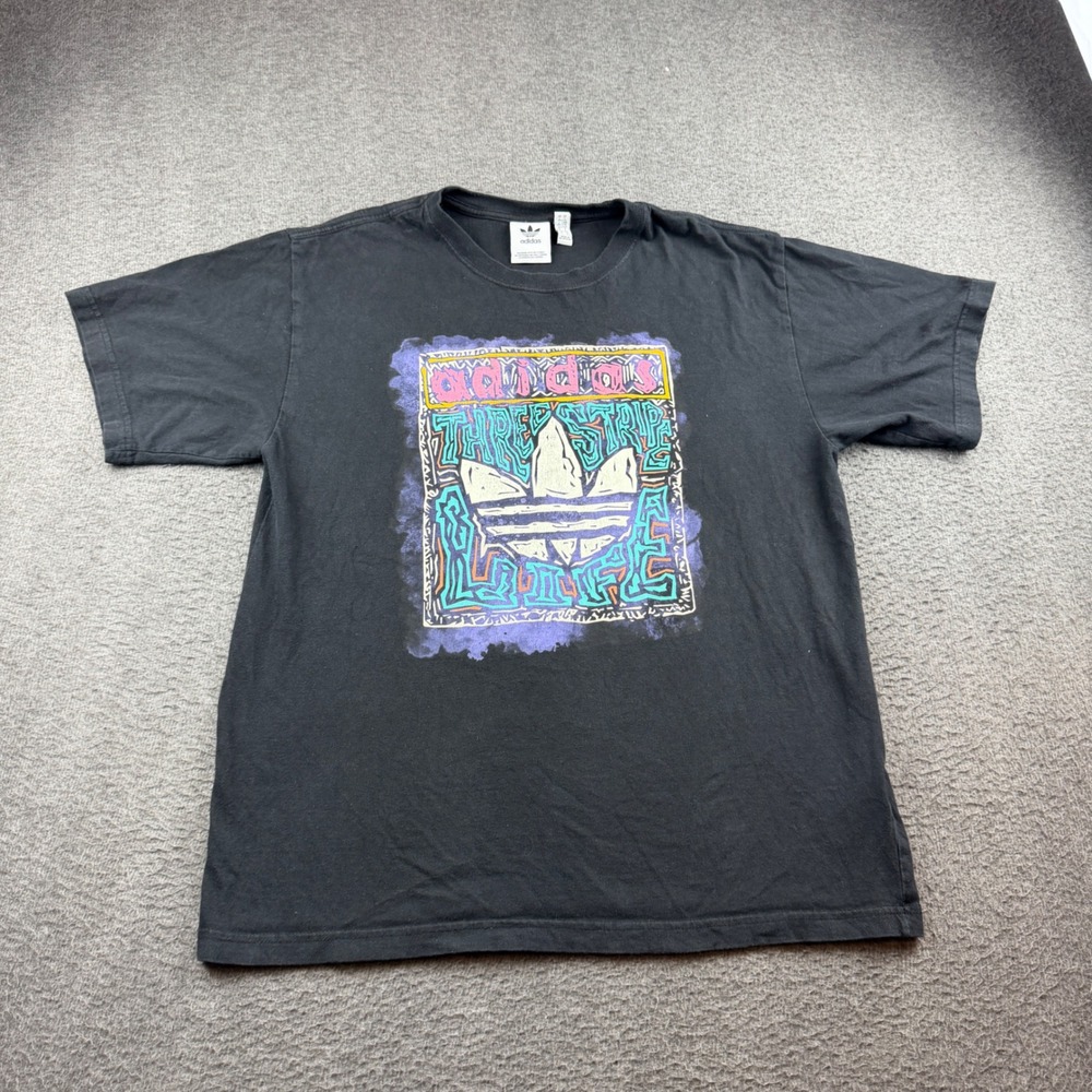 Adidas Graphic T-Shirt Men's Large Black Three Stripe Life Trefoil Streetwear